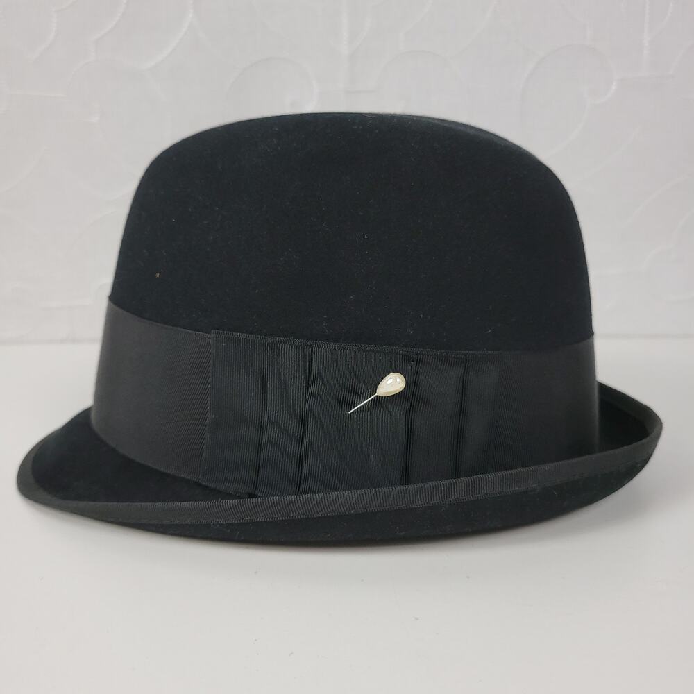 Vintage Sears Cushion Comfort Fedora Hat Size 7 Black Sable Finish Pearl Pin Box